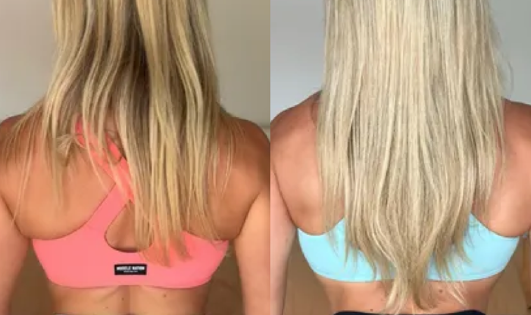 Side-by-side comparison of a woman’s back, showing her hair before and after. On the left, her hair appears shorter and less even; on the right, her hair looks longer, healthier, and more even. She wears sports bras in both images.