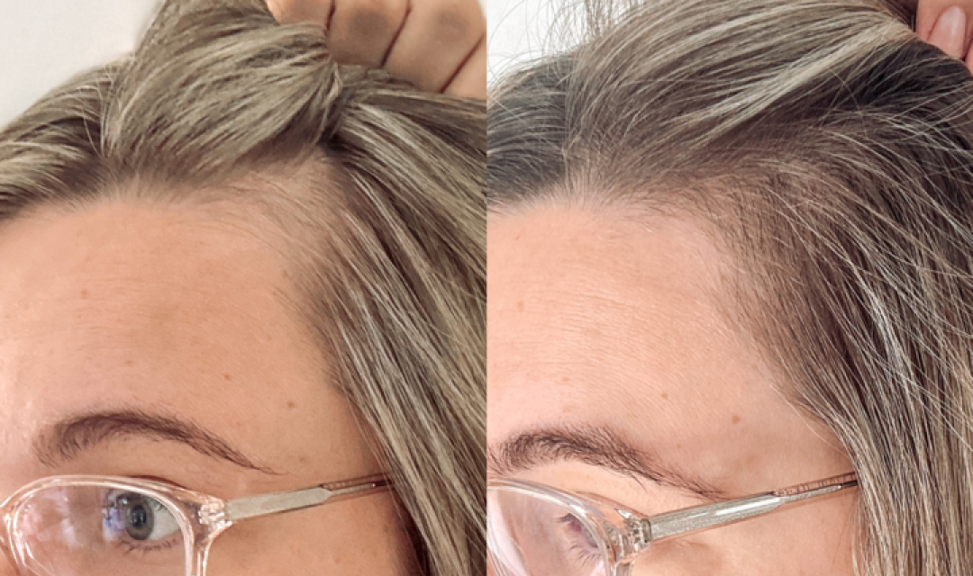 Side-by-side close-up images of a persons temple and hairline, showing grey roots before and after being covered with a brunette root touch-up product. The person is wearing clear glasses in both images.