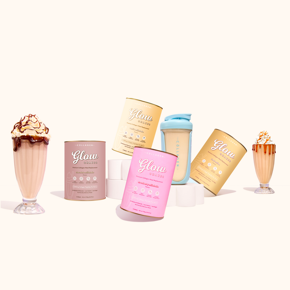 A group of Glow Shake cans in vanilla, strawberry, iced coffee and chocolate sit beside a filled Glow shaker.