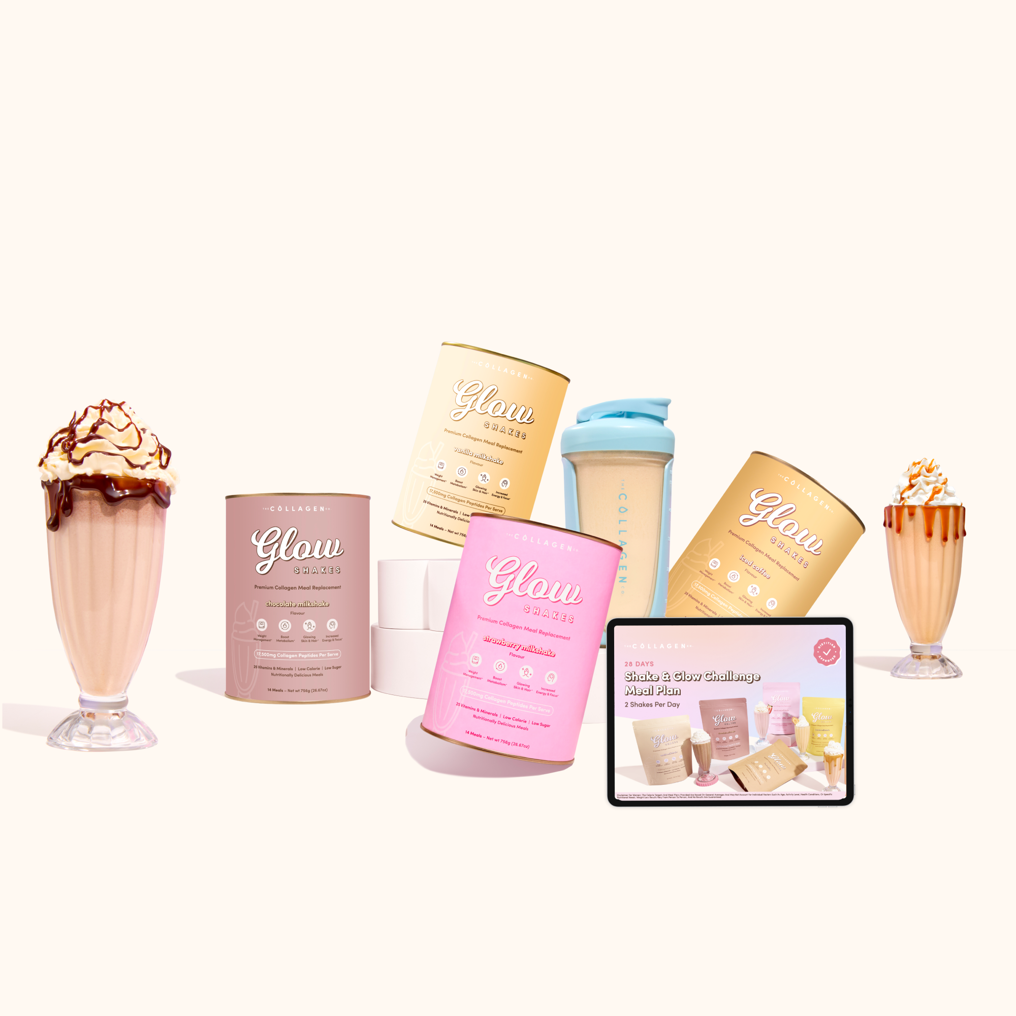 A group of Glow Shake cans in vanilla, strawberry, iced coffee and chocolate sit beside a filled Glow shaker and a digital 28 day meal plan featured on an iPad.